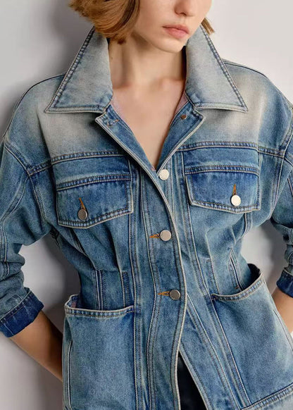 Italian Gradient Color Peter Pan Collar With Pockets Denim Coats Spring