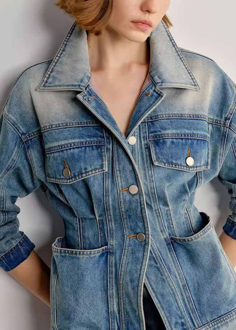Italian Gradient Color Peter Pan Collar With Pockets Denim Coats Spring
