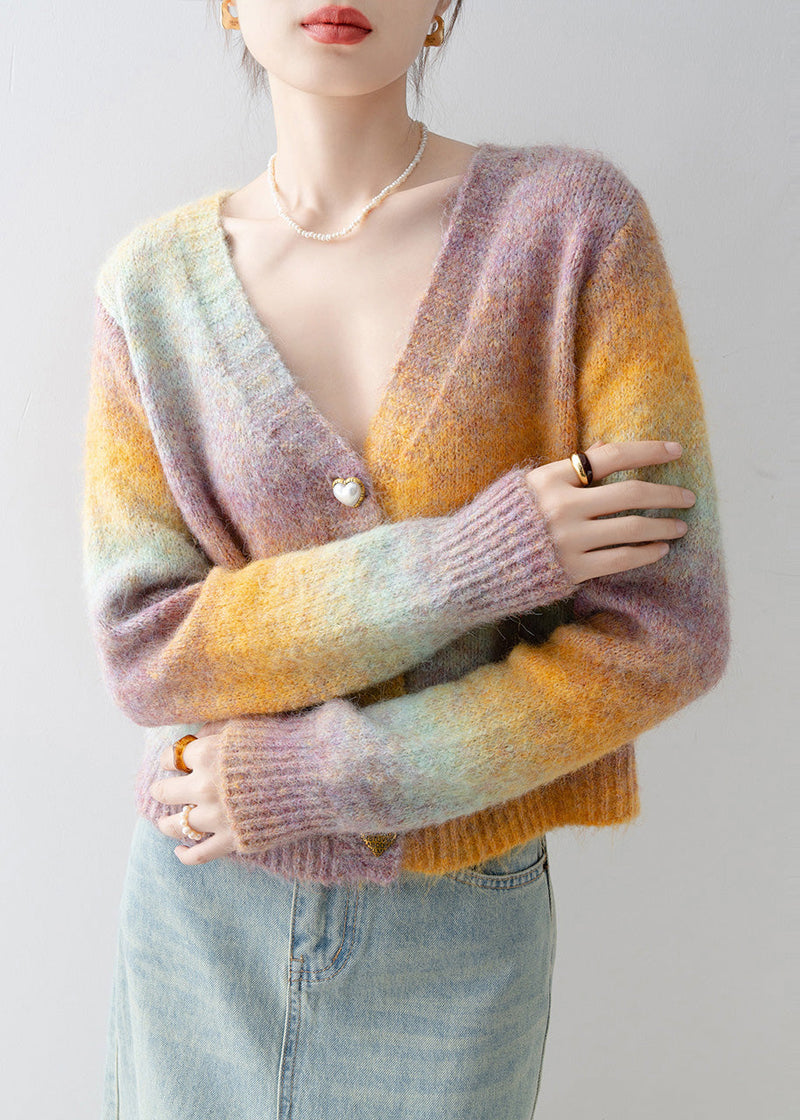 Italian Gradient Color V Neck Warm Knit Cardigan Winter