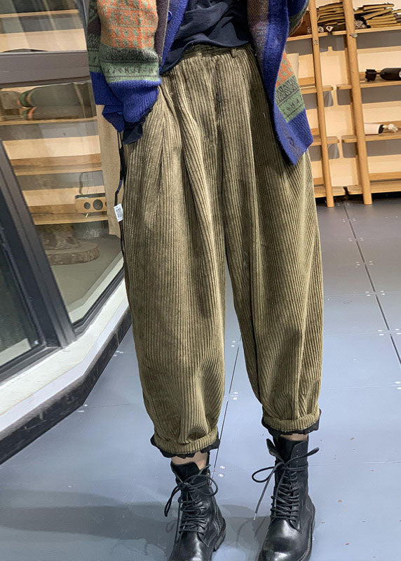 Italian Green Elastic Waist Corduroy Fleece Pants Trousers Winter