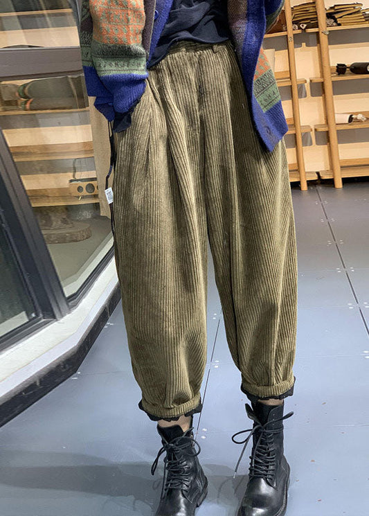 Italian Green Elastic Waist Corduroy Fleece Pants Trousers Winter