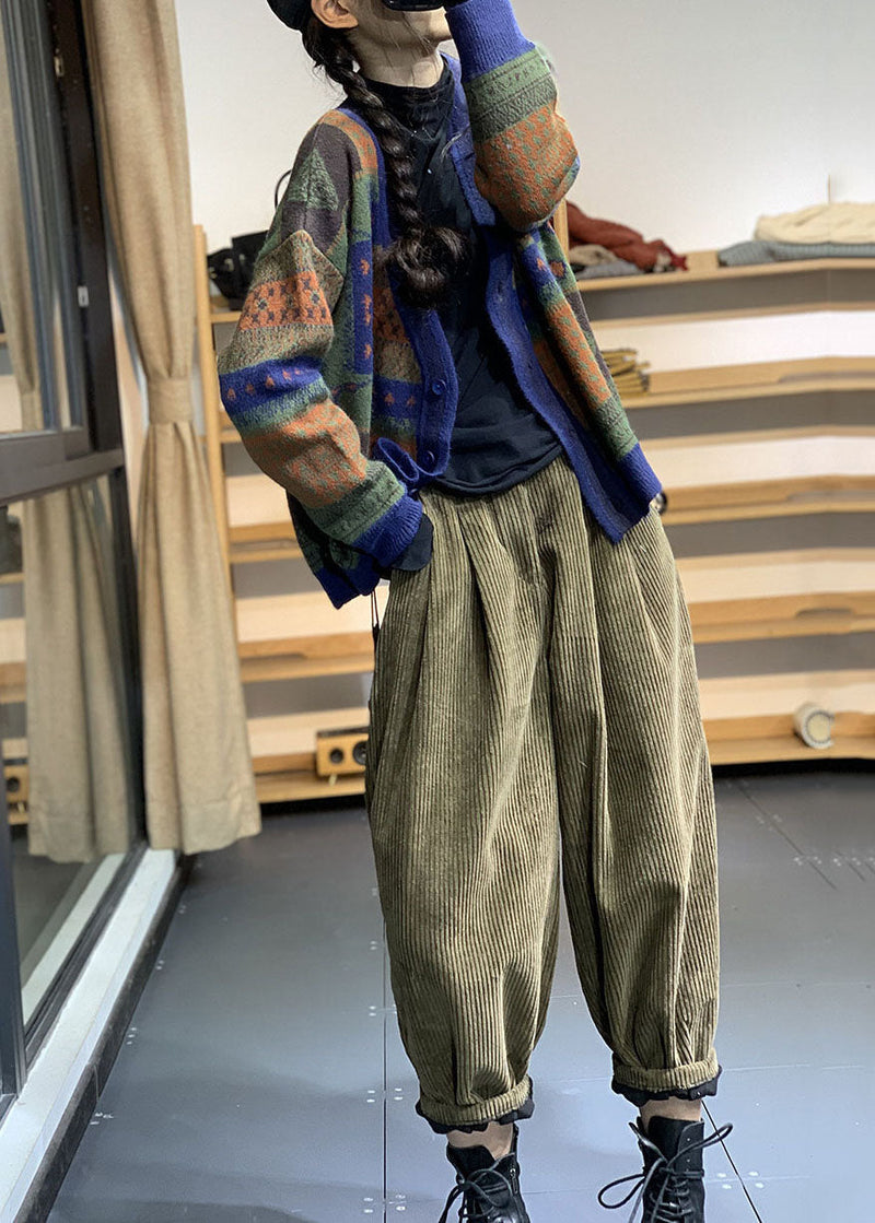 Italian Green Elastic Waist Corduroy Fleece Pants Trousers Winter