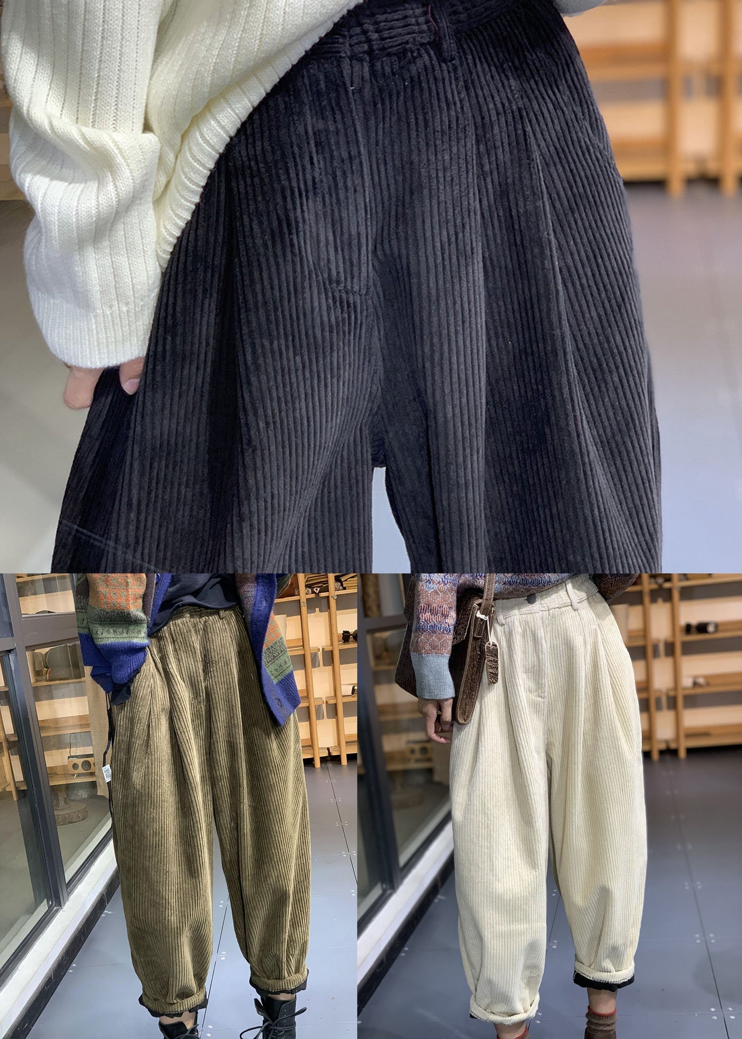 Italian Green Elastic Waist Corduroy Fleece Pants Trousers Winter