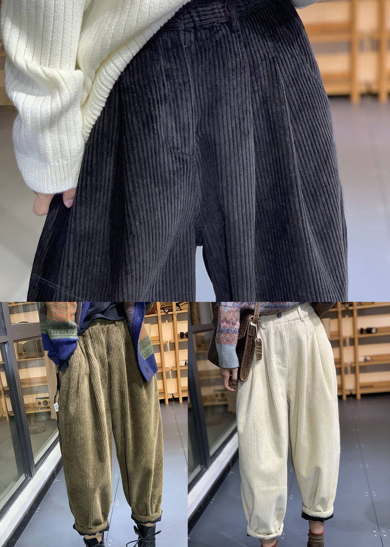 Italian Green Elastic Waist Corduroy Fleece Pants Trousers Winter