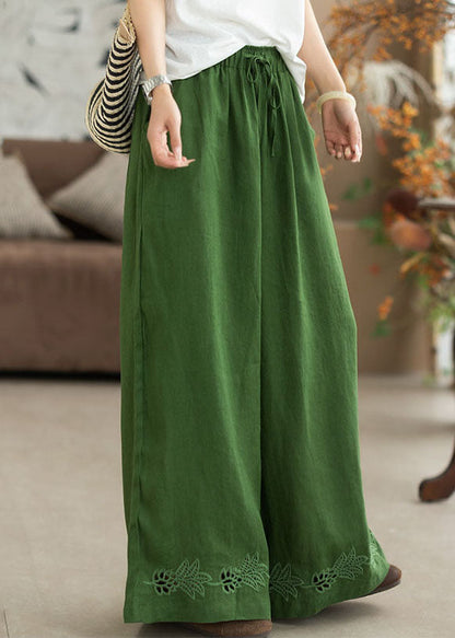 Italian Green Embroidered Hollow Out Linen Straight Pants Summer