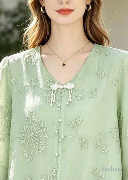 Italian Green Embroidered Tasseled Chiffon Blouses Half Sleeve