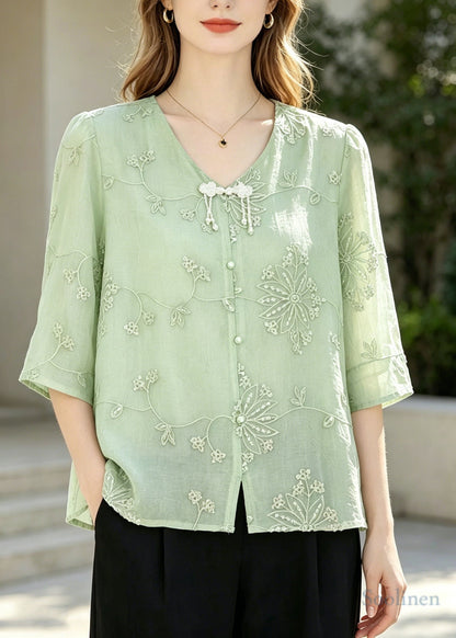 Italian Green Embroidered Tasseled Chiffon Blouses Half Sleeve