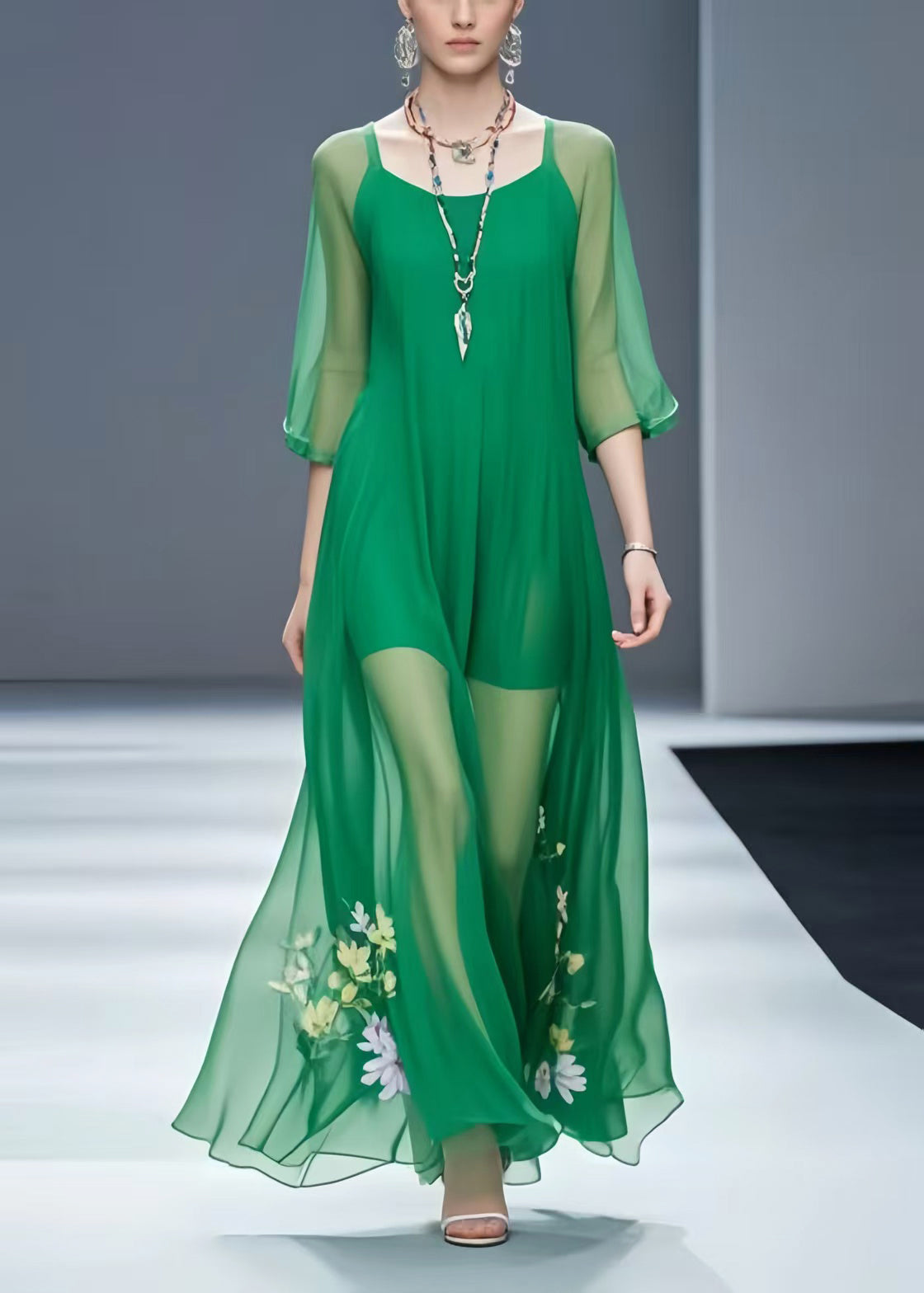 Italian Green Chiffon Vacation Dresses Bracelet Sleeve