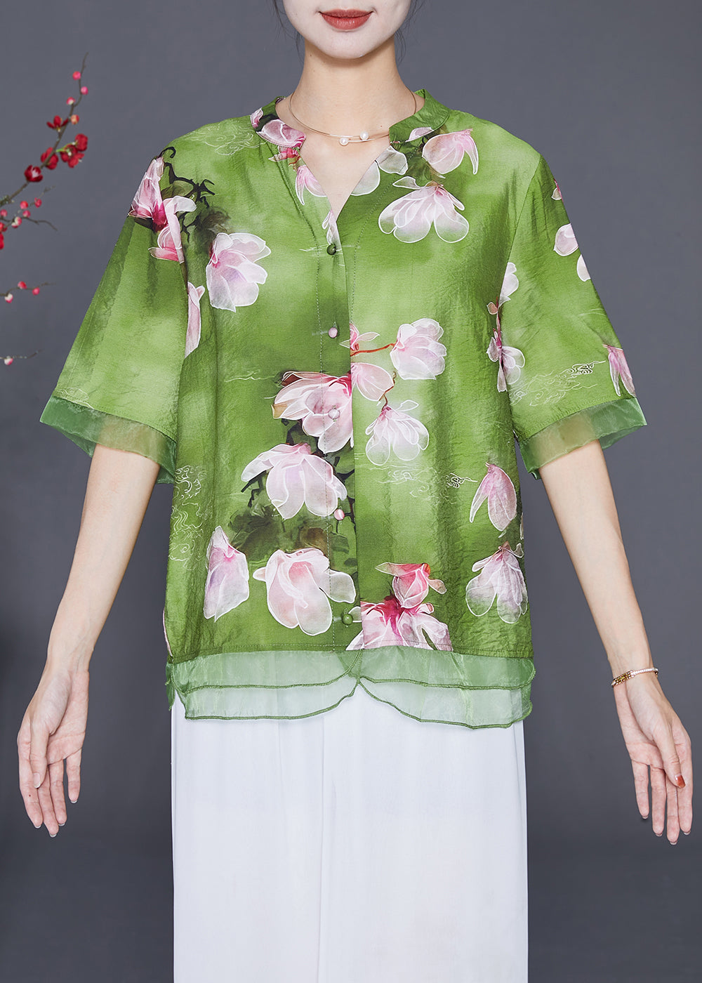 Italian Green Patchwork Organza Linen Silk Shirt Top Half Sleeve