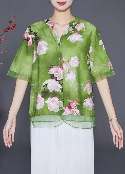 Italian Green Patchwork Organza Linen Silk Shirt Top Half Sleeve