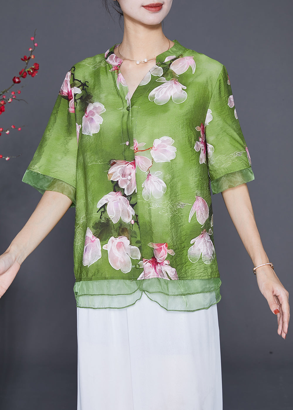 Italian Green Patchwork Organza Linen Silk Shirt Top Half Sleeve
