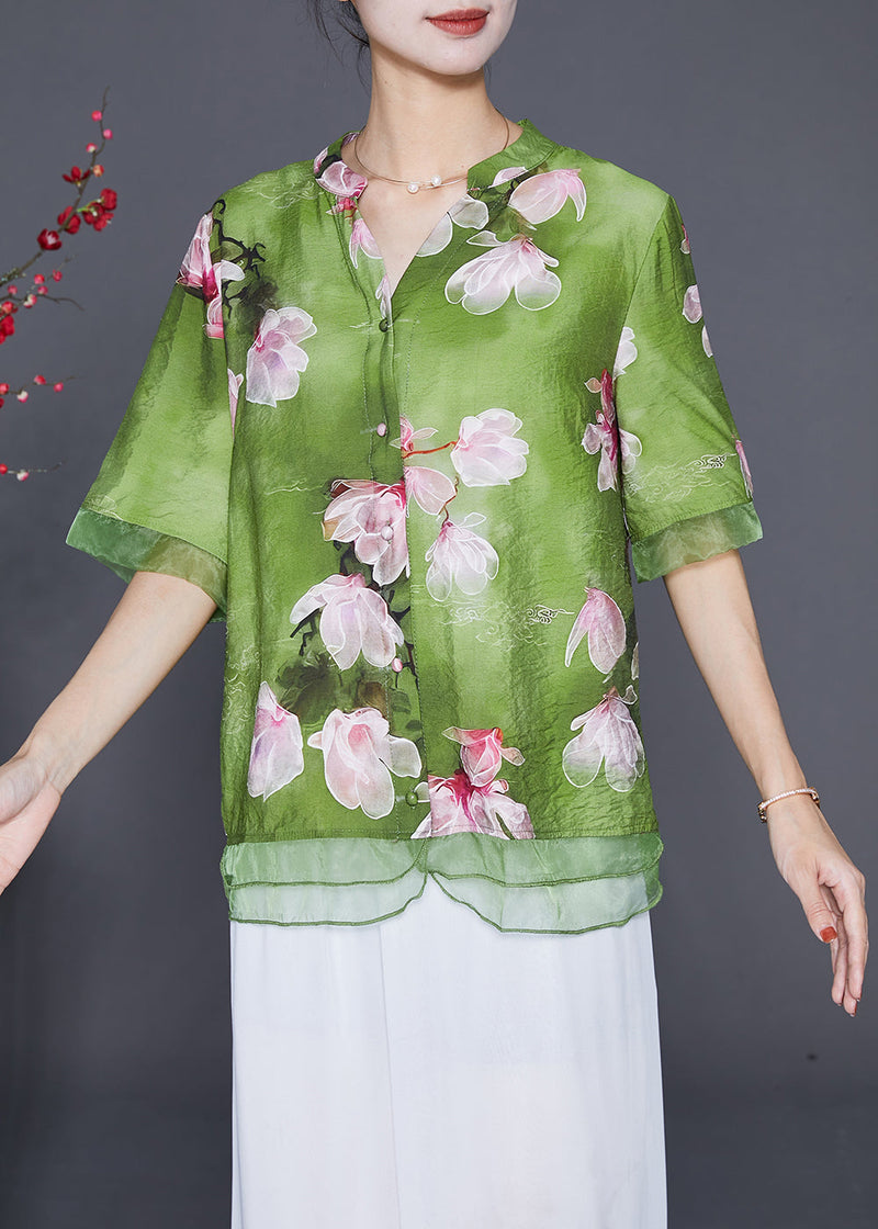 Italian Green Patchwork Organza Linen Silk Shirt Top Half Sleeve