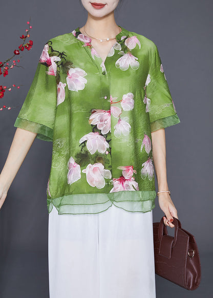 Italian Green Patchwork Organza Linen Silk Shirt Top Half Sleeve