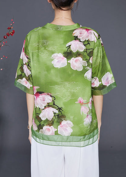 Italian Green Patchwork Organza Linen Silk Shirt Top Half Sleeve