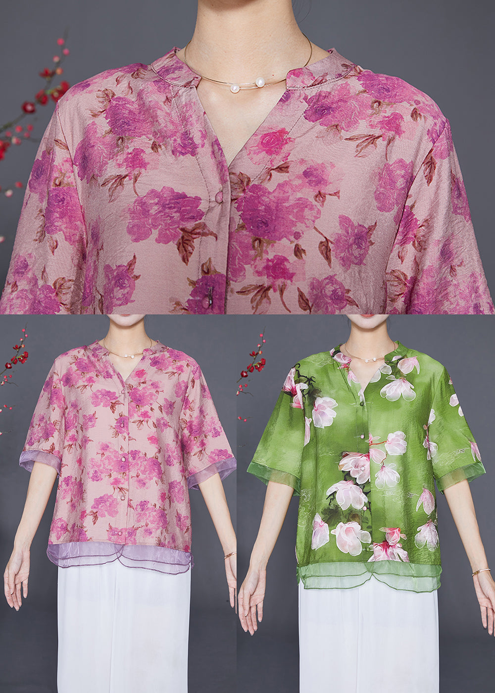 Italian Green Patchwork Organza Linen Silk Shirt Top Half Sleeve
