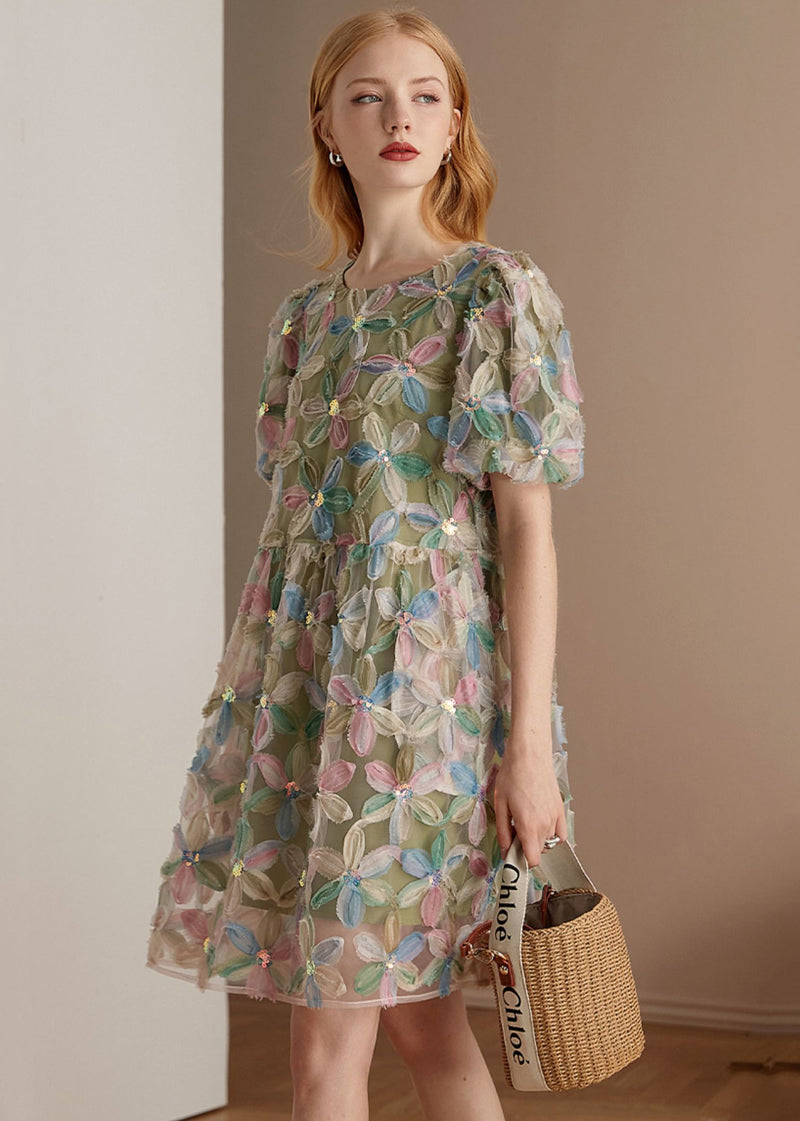 Italian Green O Neck Patchwork Tulle Mid Dresses Puff Sleeve