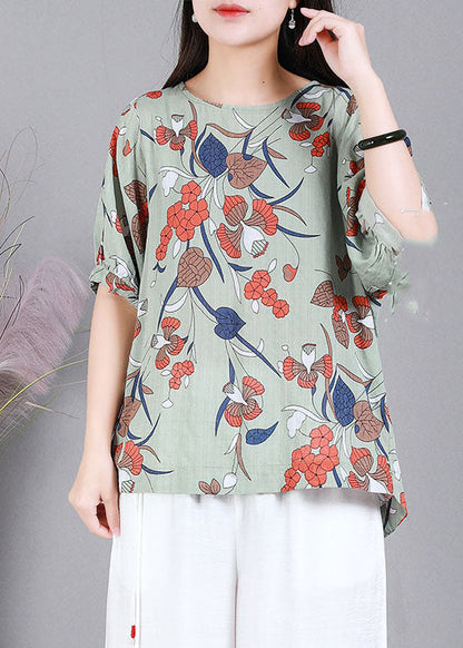 Italian Green O-neck Print Cotton Shirt Top Half Sleeve