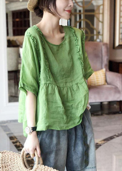 Italian Green O-neck Ruffled Patchwork Linen Tops Short Sleeve
