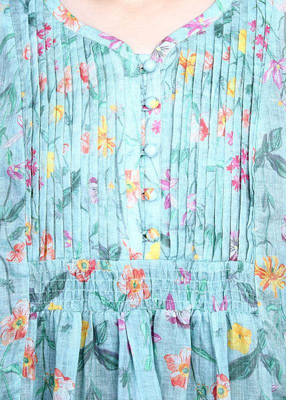 Italian Green Print Cinched Summer Ramie Summer Dresses
