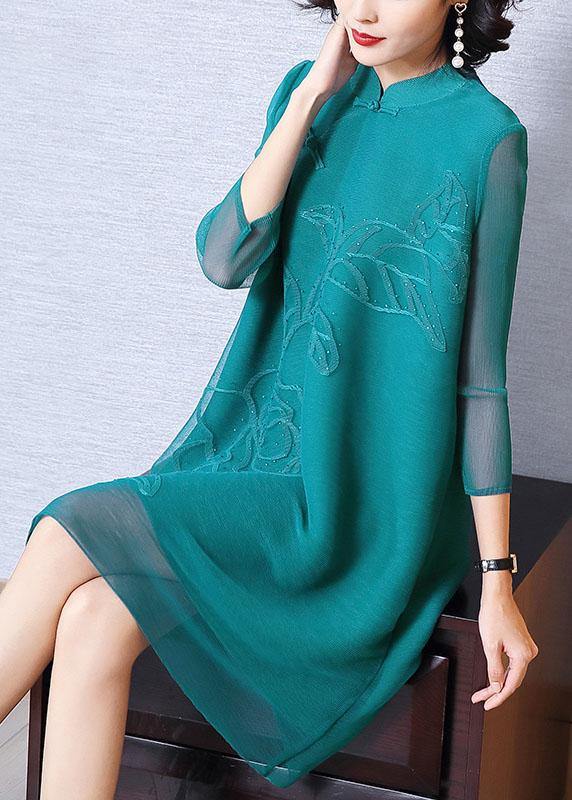 Italian Green Print Oriental Long Sleeve Robe Dresses Summer
