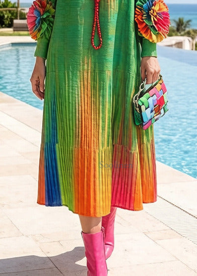 Italian Green Tie Dye Decorated Cotton Maxi Dresses Spring
