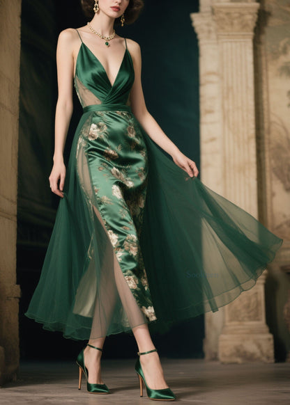 Italian Green V Neck Print Patchwork Silk Spaghetti Strap Dress Summer