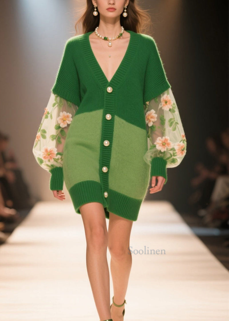 Italian Green V Neck Tulle Patchwork Knit Cardigans Fall