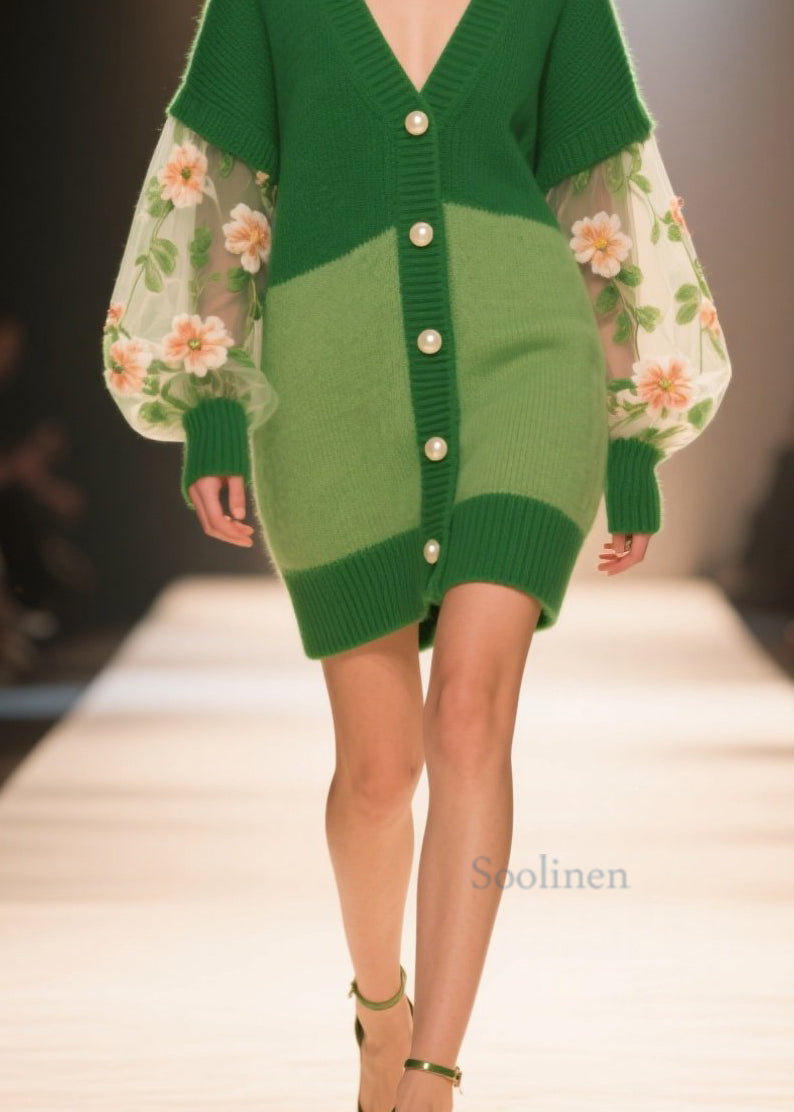 Italian Green V Neck Tulle Patchwork Knit Cardigans Fall
