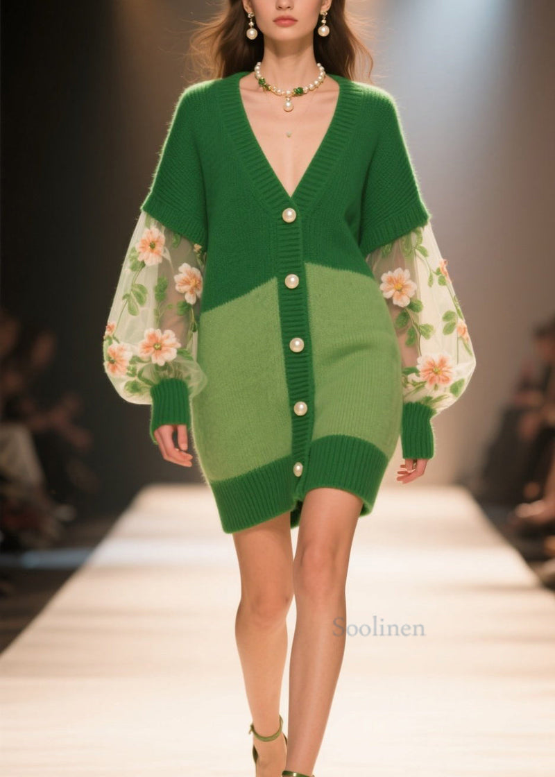 Italian Green V Neck Tulle Patchwork Knit Cardigans Fall