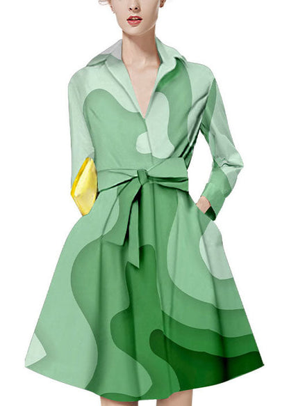 Italian Green Tie Waist Peter Pan Collar Print Shirt Dresses Long Sleeve