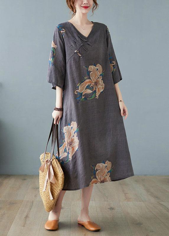 Italian Grey Asymmetrical Design Button Summer a Line Half Sleeve Vacation Dresses