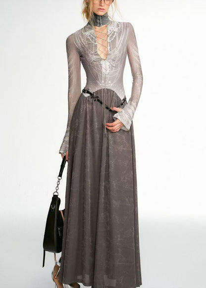 Italian Grey Lace Up Wear on Both Sides Patchwork Cotton Long Dress Fall
