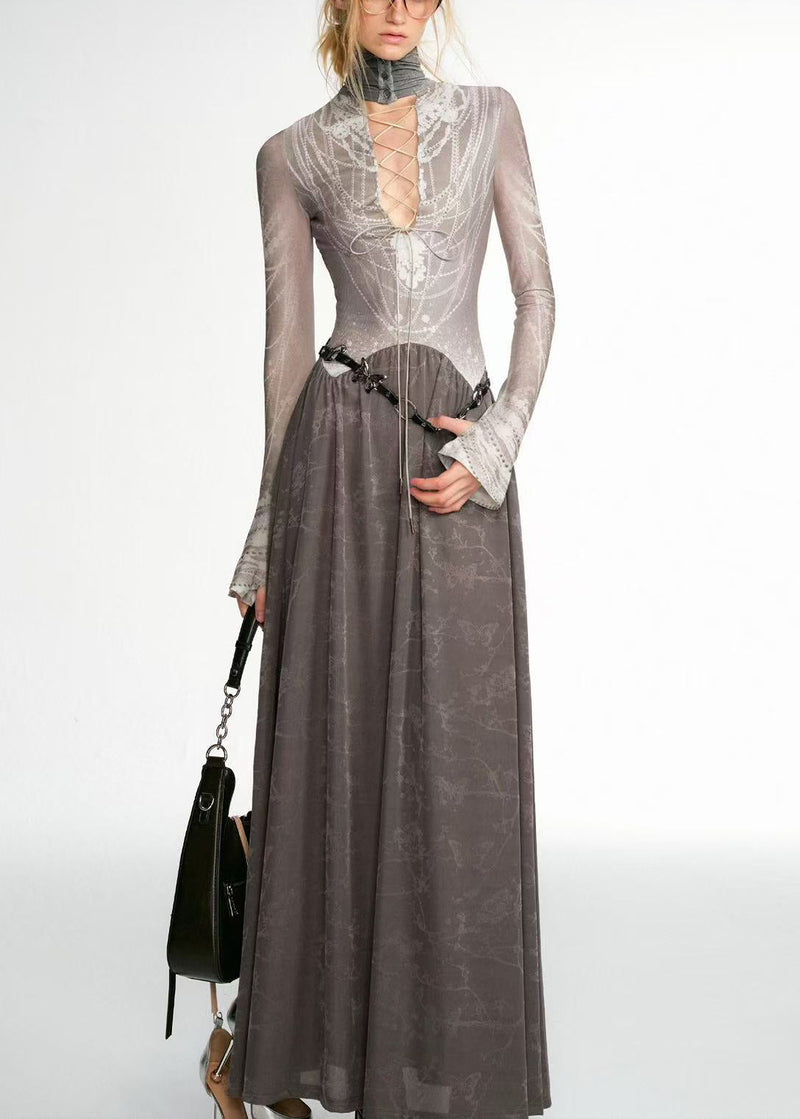 Italian Grey Lace Up Wear on Both Sides Patchwork Cotton Long Dress Fall