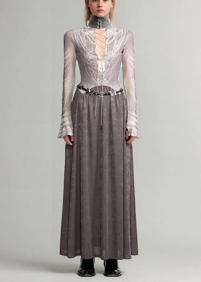 Italian Grey Lace Up Wear on Both Sides Patchwork Cotton Long Dress Fall