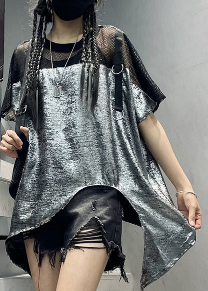 Italian Grey O-neck Asymmetrical Top Short Sleeve