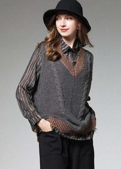 Italian Grey Patchwork V Neck Knit Fall Vest
