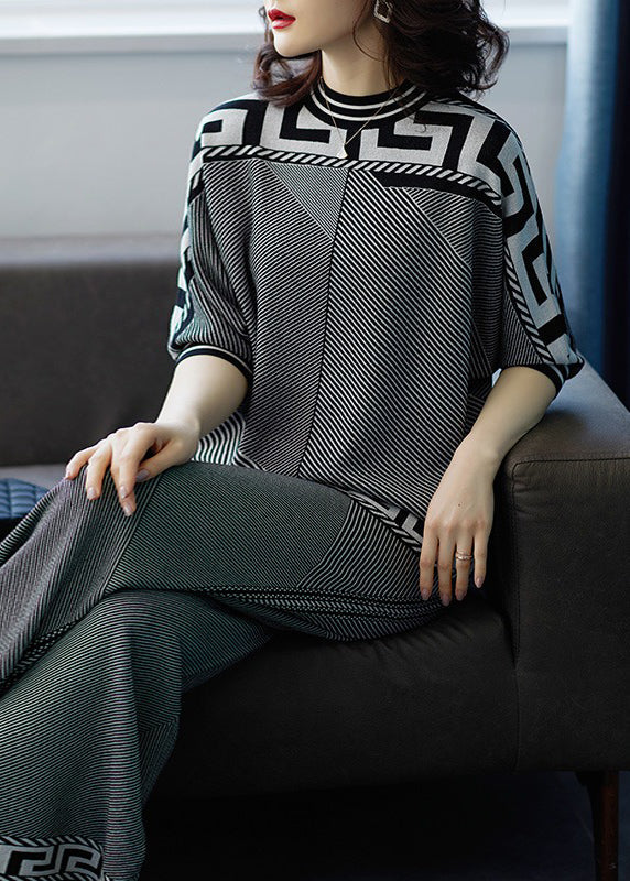 Italian Grey Tops and Pants Striped Knit Two-piece Set Spring