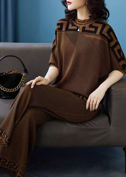 Italian Grey Tops and Pants Striped Knit Two-piece Set Spring