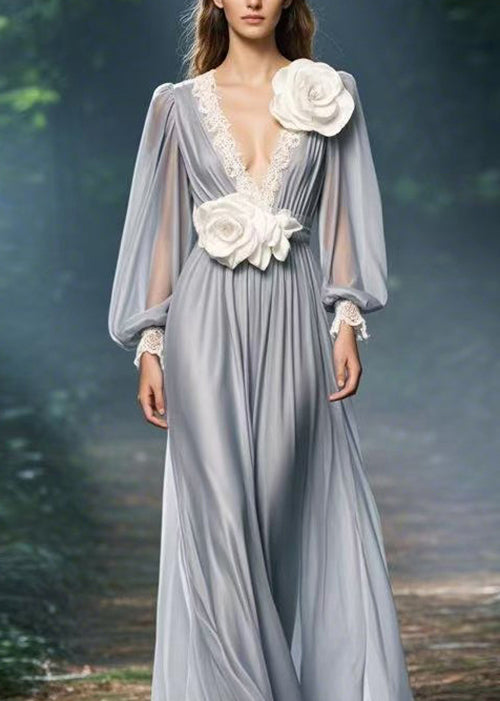 Italian Grey V Neck Decorated Chiffon Dresses Spring