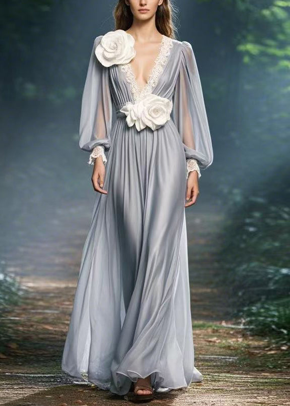 Italian Grey V Neck Decorated Chiffon Dresses Spring