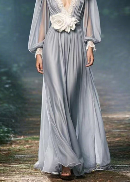 Italian Grey V Neck Decorated Chiffon Dresses Spring