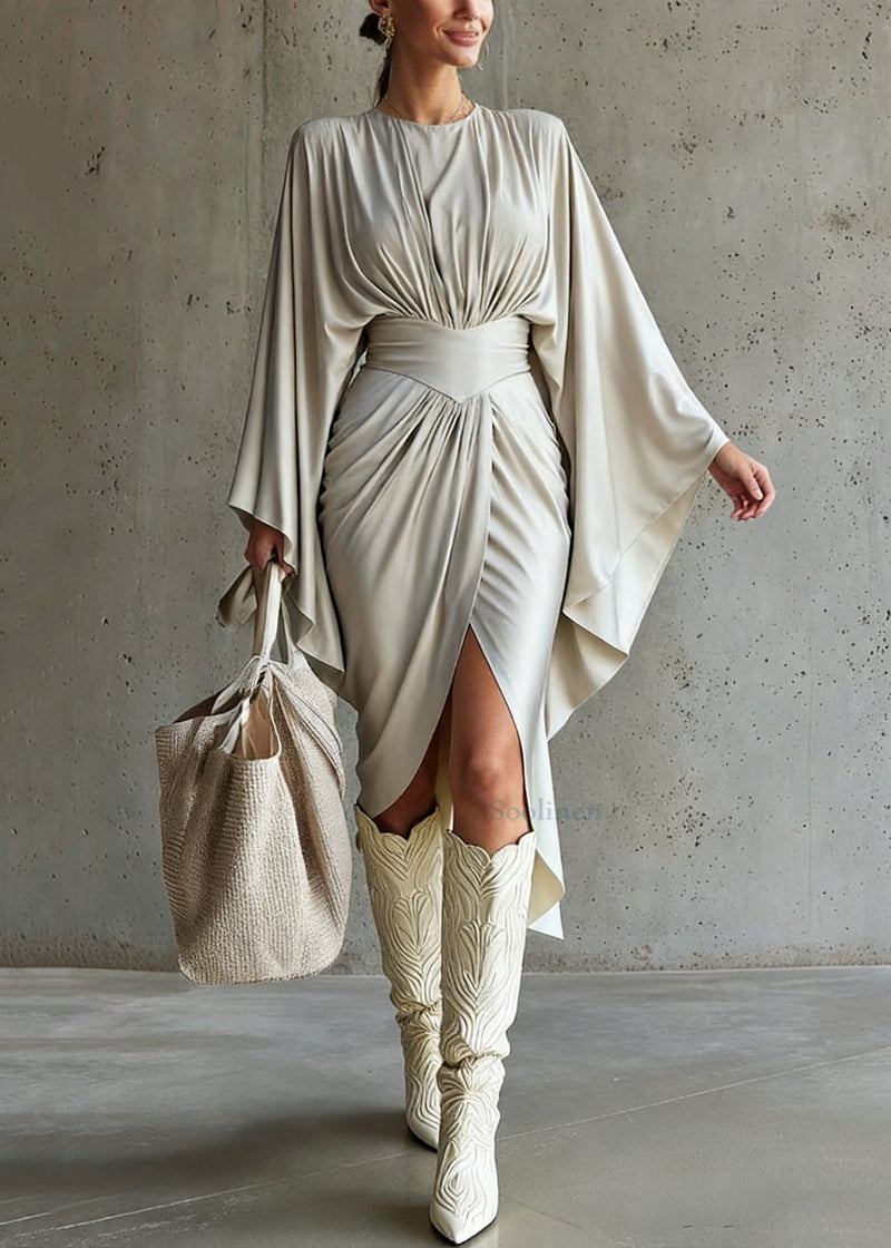 Italian Grey Wrinkled Side Open Long Dress Batwing Sleeve