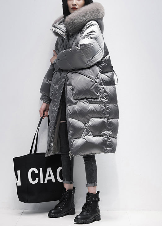 Italian Grey Zip Up Fur Collar Cotton Blend Hooded Coat Winter