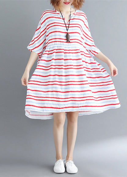Italian Half Sleeve Cotton Quilting Dresses Outfits Red Striped Dresses Summer