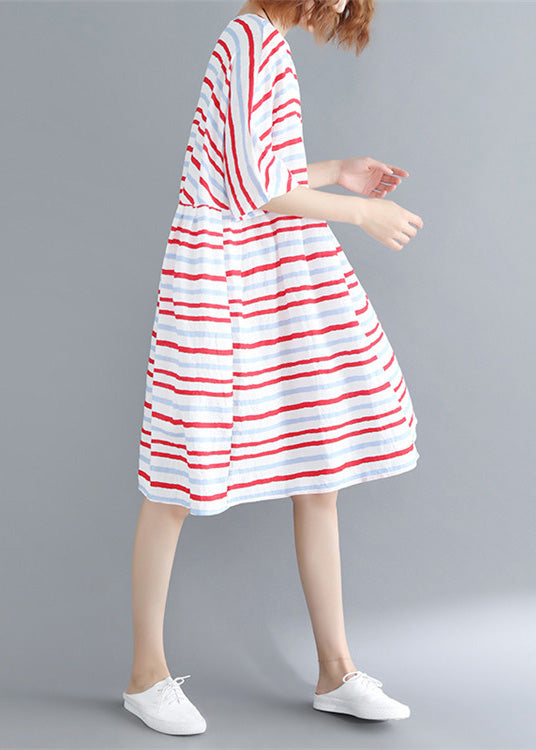 Italian Half Sleeve Cotton Quilting Dresses Outfits Red Striped Dresses Summer