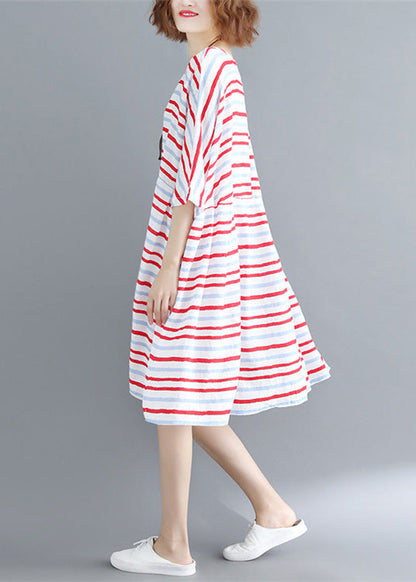 Italian Half Sleeve Cotton Quilting Dresses Outfits Red Striped Dresses Summer