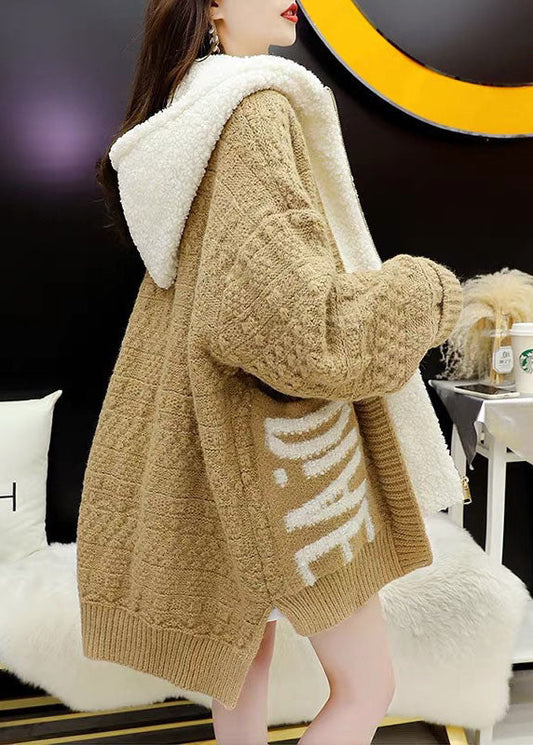 Italian Khaki Hooded Zippered Winter Knit Coat
