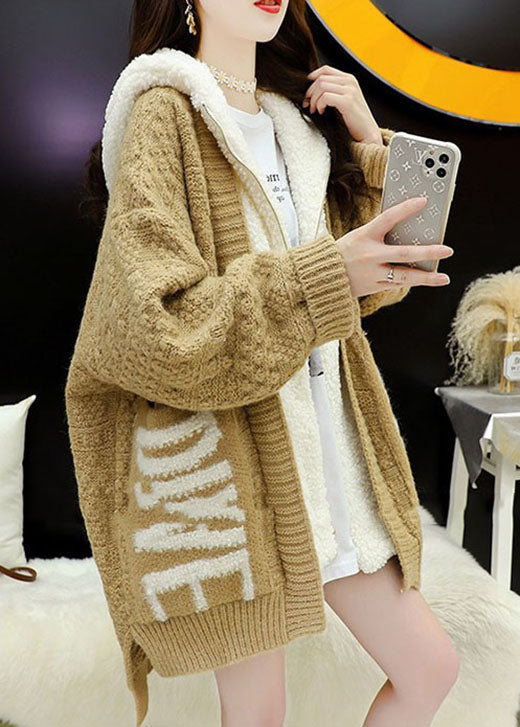 Italian Khaki Hooded Zippered Winter Knit Coat