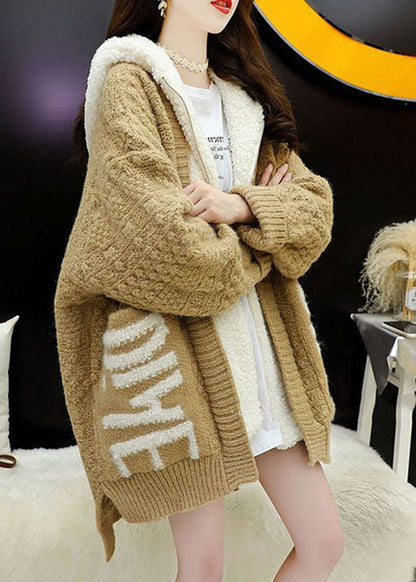 Italian Khaki Hooded Zippered Winter Knit Coat