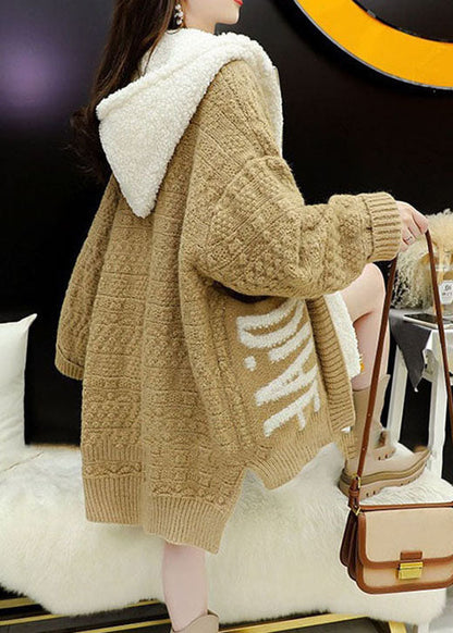 Italian Khaki Hooded Zippered Winter Knit Coat